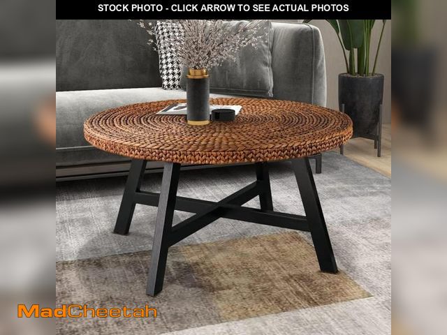 Lot 74-12538795 - RANDEFURN Round Coffee Table, Seagrass Coffee Solid Pine Wood X Base Frame Cocktail Table, Easy Asse...
