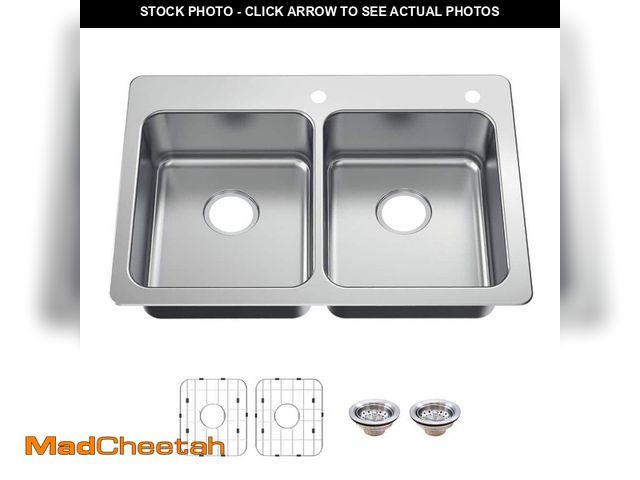 Lot 74-12810871 - Glacier Bay Bratten 33 in. Drop-In 50/50 Double Bowl 18 Gauge Stainless Steel Kitchen Sink with Acce...