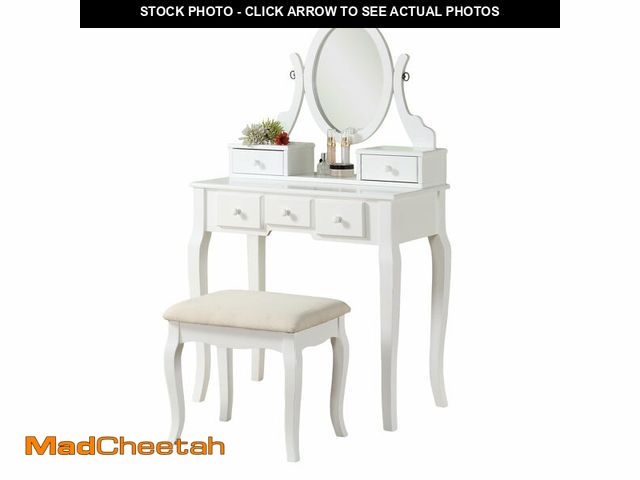 Lot 74-12980853 - Roundhill Furniture Ashley Wood Make-Up Vanity Table and Stool Set, White - USED