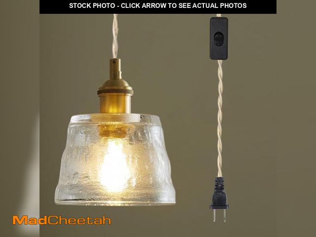 Lot 74-12052052 - Sedelan Glass Plug in Pendant Light Fixture, Vintage Hanging Lights with Plug in Cord, Brass Pendant...