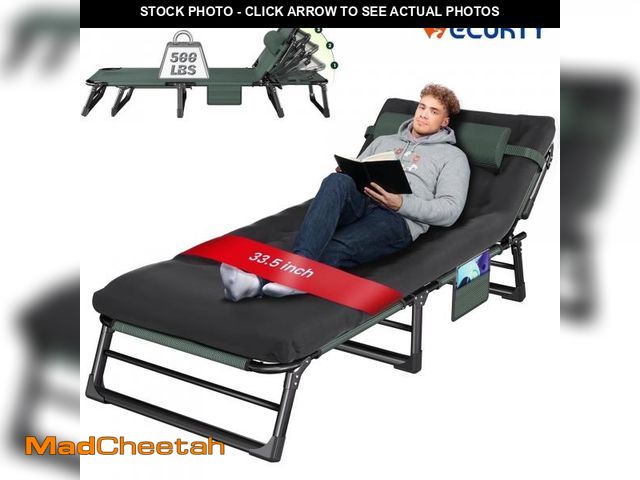 Lot 74-12514112 - VECUKTY Foldable Camping Cot, 500lb Capacity Reclining Lounge Chair with Pillow, 4-Position Steel Fr...