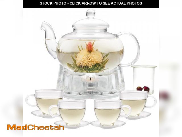 Lot 74-11550728 - GURUDAR Glass Teapot Set, 34OZ/1000ML Glass Tea Kettle with Loose Tea Infuser &amp; Warmer, 5oz/150M...