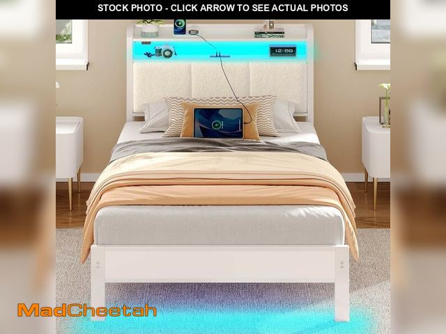 Lot 74-13073564 - Rolanstar Bed Frame Twin Size with Charging Station and LED Lights, Upholstered Headboard with Stora...