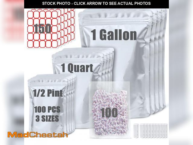 Lot 74-11545024 - 100 Pack Mylar Bags for Food Storage with 100x300cc Oxygen Absorbers - 9 Mil 10"x14", 9Mil 6"x9", 9M...