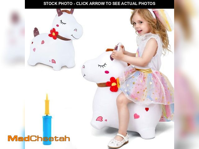 Lot 74-12713206 - iPlay, iLearn Bouncy Pals White Hopping Horse, Inflatable Bouncing Animal Hopper Toy W/Pump, Plush R...