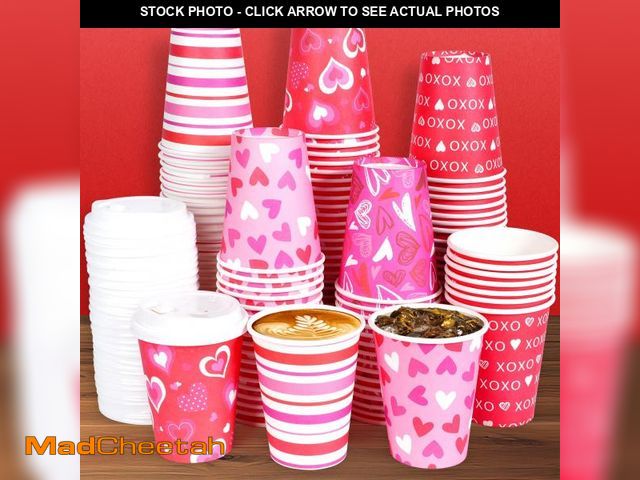 Lot 74-12149605 - 200 Set ValentineÃ¢â¬s Day Disposable Coffee Cups with Lids 12oz, Pink Heart Print Disposable Paper...
