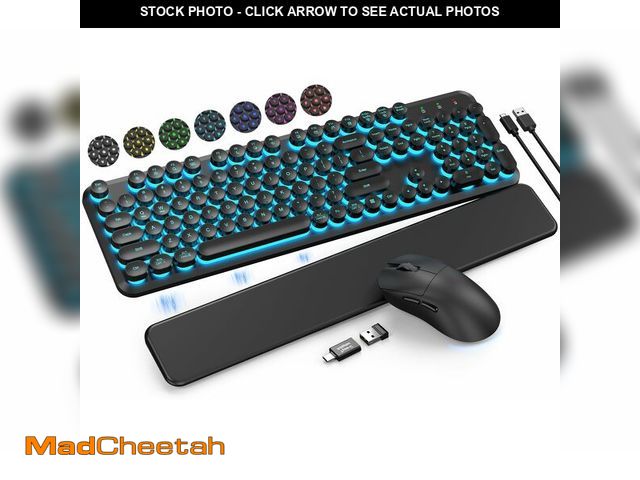 Lot 74-14215229 - Wireless Keyboard and Mouse Backlit - Typewriter Keyboard with Magnetic Wrist Rest, Retro Round Keys...