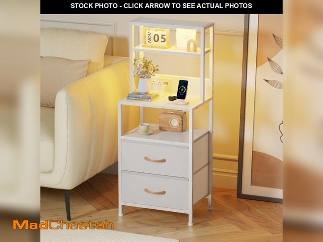 Lot 74-12049294 - Furnulem Night Stand, Tall Bed Nightstand with 4-Tier Shelves, 2 PU Fabric Drawers and Light Tube, B...