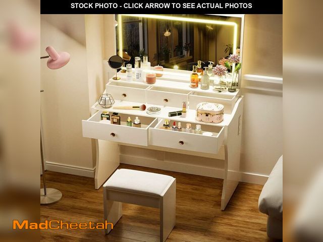 Lot 74-13070423 - COMHOMA Vanity Desk with Mirror and Lights, Makeup Vanity Table and Chair Set with Drawers and Charg...