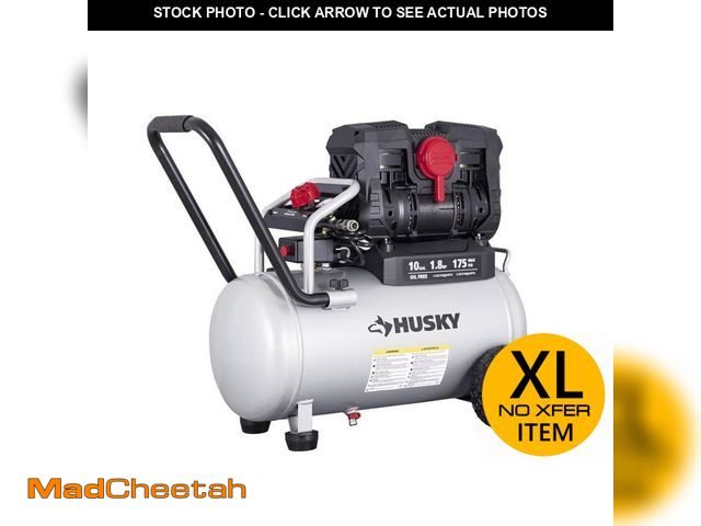 Lot 74-14440668 - Husky 10 Gal. 175 PSI Electric Oil-Free Quiet Auto/Workshop Hotdog Air Compressor with Dual Gauges a...