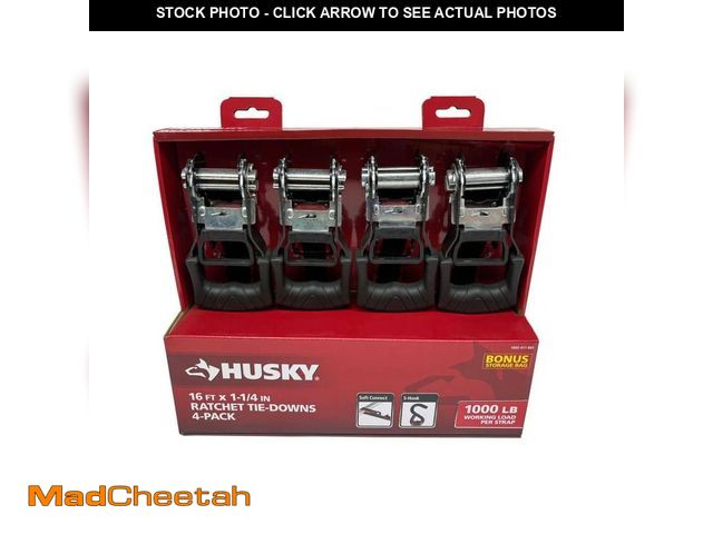 Lot 74-14285224 - Husky 16 ft. 1.25 in. Ratchet Tie-Down Straps with S-Hook (4-Pack) - UNUSED