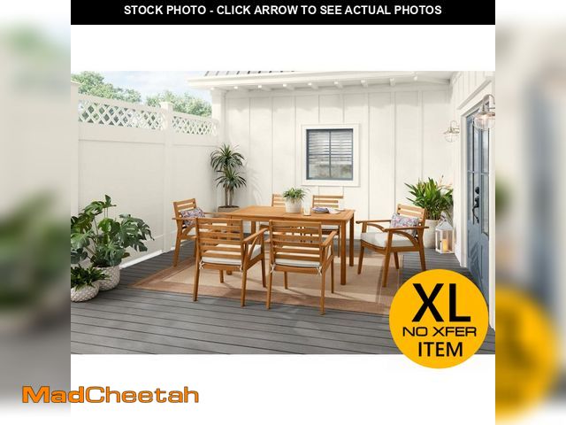 Lot 74-14355502 - Hampton Bay Windy Hill 7-Piece Acacia Wood Outdoor Dining Set with CushionGuard Almond Biscotti Cush...