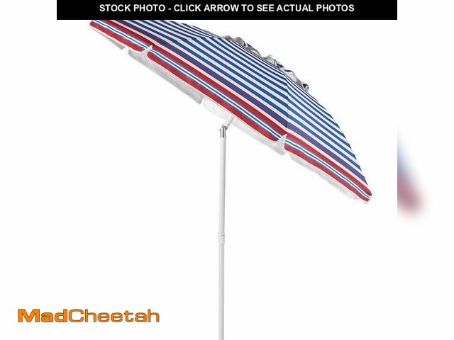 Lot 74-14435834 - Mainstays 6.5' Red Blue White Stripe Octagon Beach Umbrella, Tilt - UNUSED