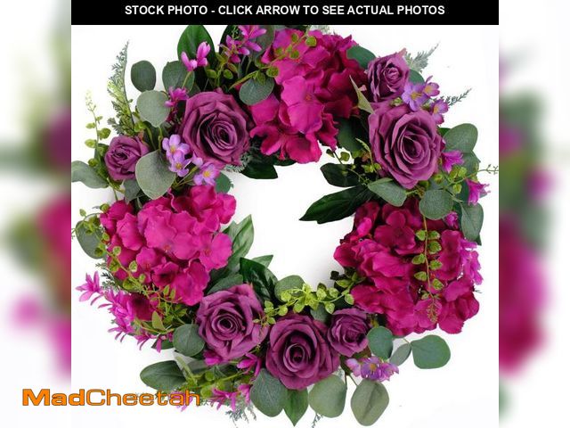 Lot 74-11547272 - Bibelot Artificial Purple Rose Wreath - 20 Inches Front Door Wreath with Hydrangea Leaves for Spring...