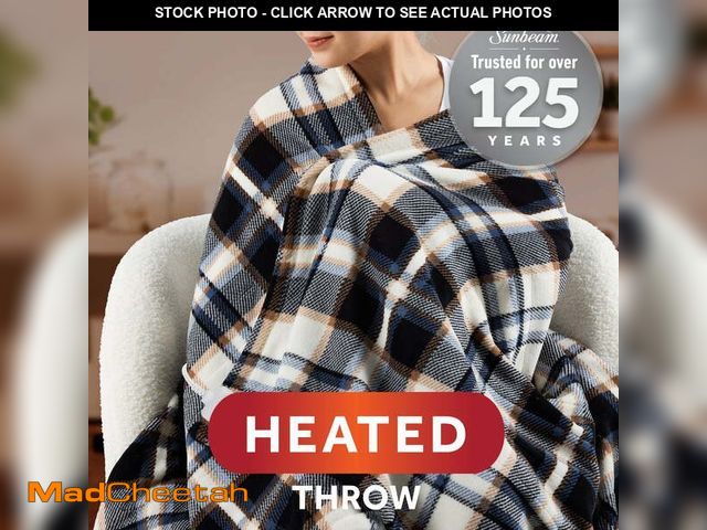 Lot 74-12687065 - Sunbeam Electric Heated Throw Blanket Black Plaid Microplush 4 Heat Settings 50x70 - UNUSED