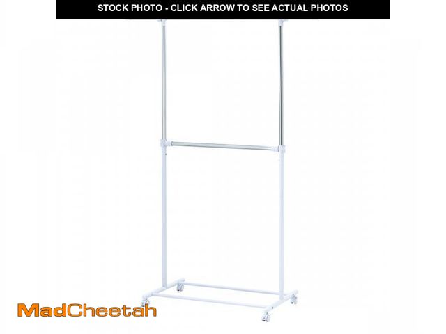 Lot 74-12422461 - Mainstays 2-Shelf Garment Drying Clothes Rack - Adjustable Height, Locking Wheels, Metal, Silver/Whi...