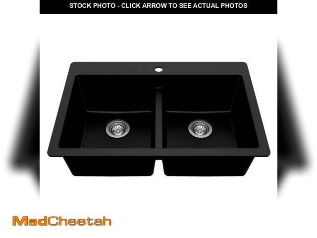Lot 74-12685435 - Glacier Bay 33 in. Drop-In 50/50 Double Bowl Black Granite Composite Kitchen Sink with Stainless Ste...