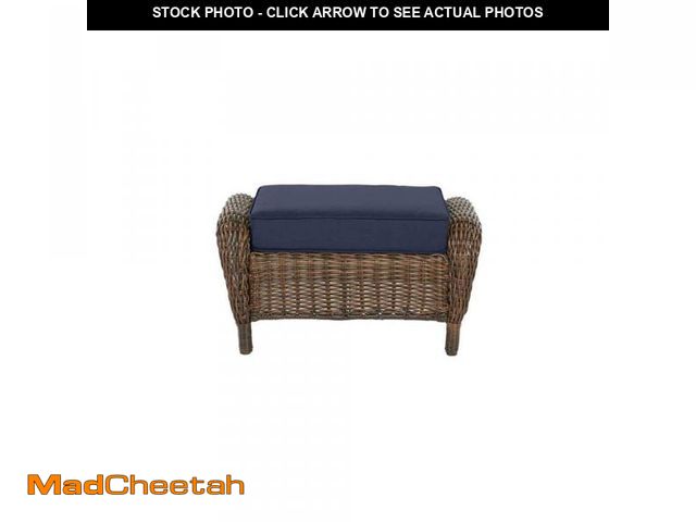 Lot 74-12251397 - Hampton Bay Cambridge Brown Wicker Outdoor Patio Ottoman with CushionGuard Midnight Navy Blue Cushio...