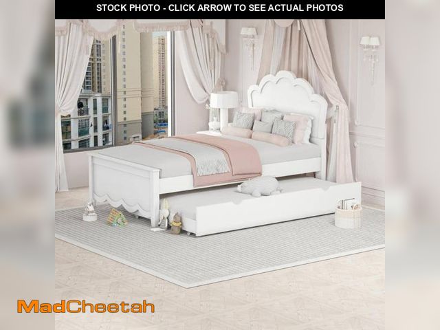 Lot 74-12463097 - Qualler White Wood Frame Twin Size Platform Bed with Twin Size Trundle and Headboard - UNUSED