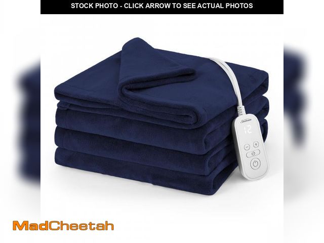 Lot 74-12406265 - Sunbeam Electric Heated Bed Blanket Navy Soft Microplush 12 Heat Settings Twin 84 x 62 - USED