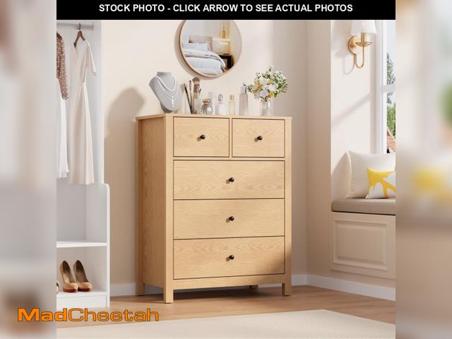 Lot 74-12516019 - IDEALHOUSE Natural Oak Dresser for Bedroom, Tall 5 Drawer Dresser with Deep Drawers &amp; Metal Knob...