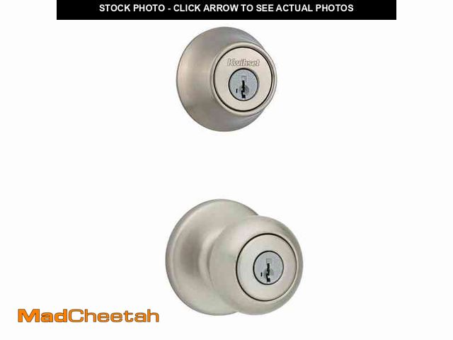 Lot 74-14372799 - Kwikset Cove Satin Nickel Keyed Entry Door Knob and Single Cylinder Deadbolt Combo Pack featuring Sm...