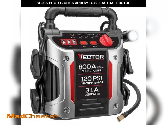 Lot 74-12141853 - VECTOR 800 Peak Amp Automotive Jump Starter, Portable Power - Triple 15W USB Ports, 120 PSI Air Comp...