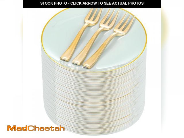 Lot 74-11549794 - Festiva 200Pcs Pale Sage Green Gold Cake Plates 6.3" with Plastic Forks 5"- Disposable Salad Plates-...