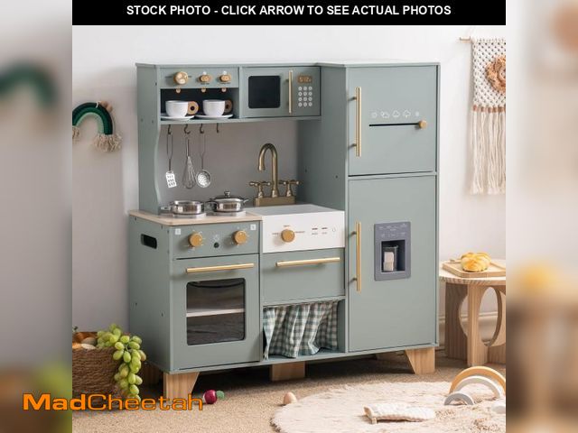 Lot 74-12097374 - ROBUD Play Kitchen Set, Wooden Play Kitchen with Ice Maker, Fridge, Coffee Machine, Oven, Dishwasher...