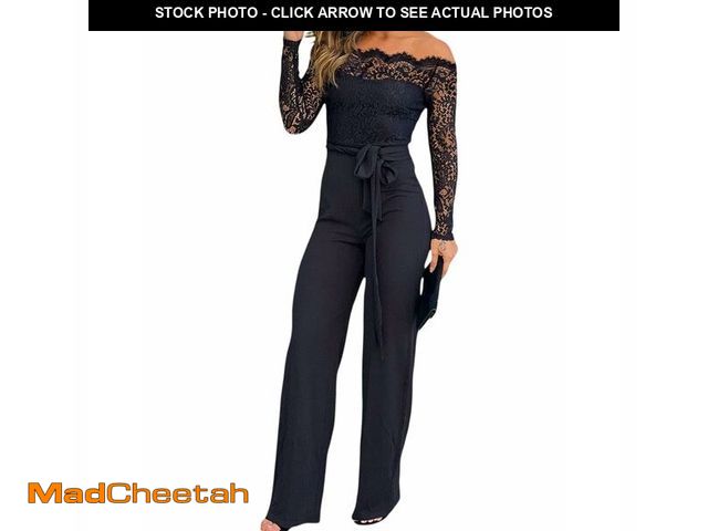 Lot 74-13721497 - Women Off Shoulder Long Sleeve Black Jumpsuit Floral Embroidery Lace Overalls Casual Wide Leg Romper...