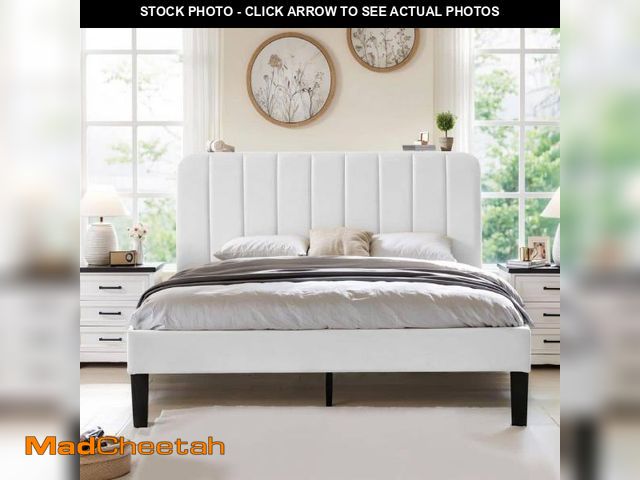 Lot 74-12162684 - VECELO Upholstered Bed, White Queen Bed Platform Bed Frame with Adjustable Headboard, Strong Wooden ...
