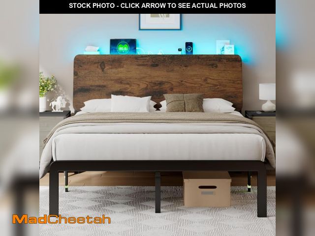 Lot 74-12516349 - Feonase Queen Size Bed Frame with Ergonomic Storage Headboard &amp; Charging Station, LED Platform B...
