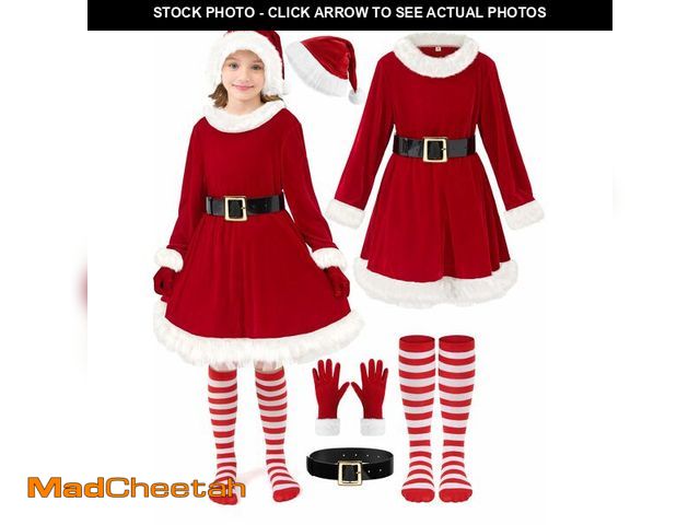 Lot 74-12711748 - FancyFun 5 Pieces Girls Santa Dress, Santa Dress for Girls Kids Mrs Claus Costume with Belt Hat Chri...