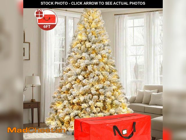 Lot 74-12831544 - IZNEN 6ft Pre-Lit Snowflake Flocked Christmas Tree,8 Modes LED Lights,Artificial Xmas Tree with Stor...