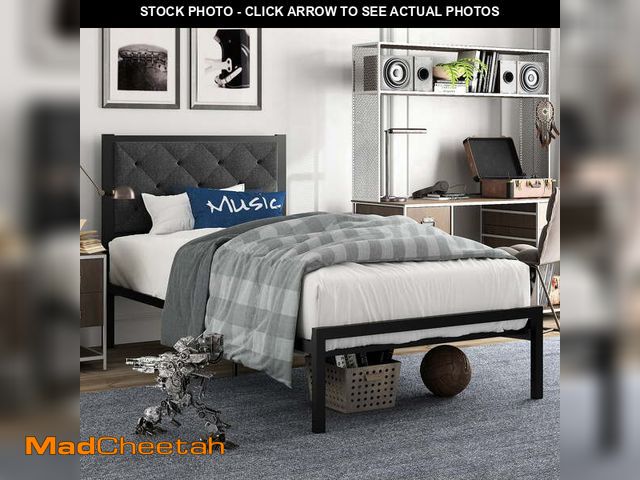 Lot 74-14259942 - Amolife Twin Size Metal Bed Frame with Upholstered Headboard, Dark Gray - UNUSED