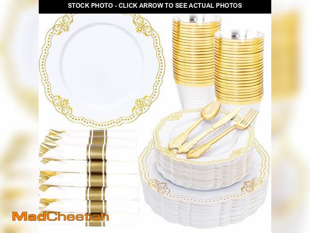 Lot 74-14145967 - Ciaell 350 PCS Gold Plastic Plates - White and Gold Plates - Gold Disposable Plates Include 50 Dispo...