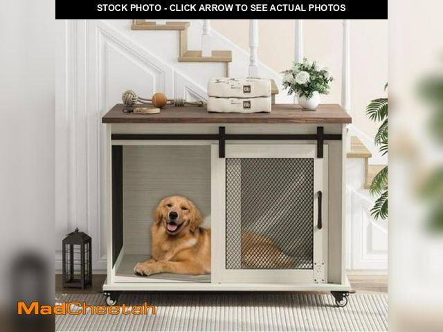 Lot 74-12473793 - AOILE Dog Crate Furniture with Sliding Barn Door  Flip Top Dog Crate End Table with Wheels  Indoor D...