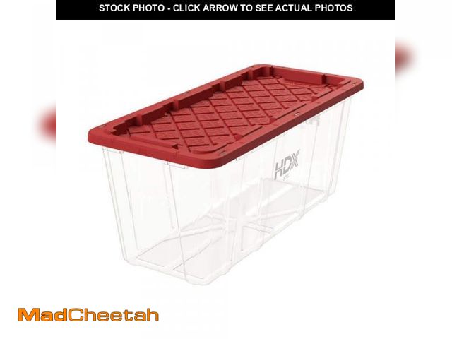 Lot 74-12543603 - HDX 57-Gal. Tough Storage Tote in Clear with Red Lid - USED