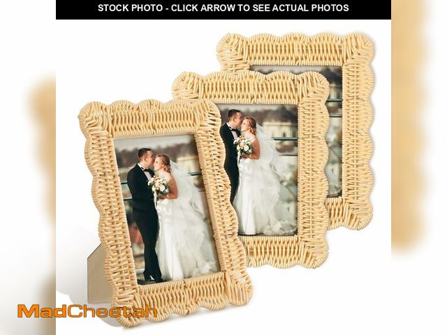 Lot 74-13567929 - CroBlissful 3 Pcs Scalloped Wicker Weave Rattan Photo Frame for Picture Handmade Rattan Photo Frames...
