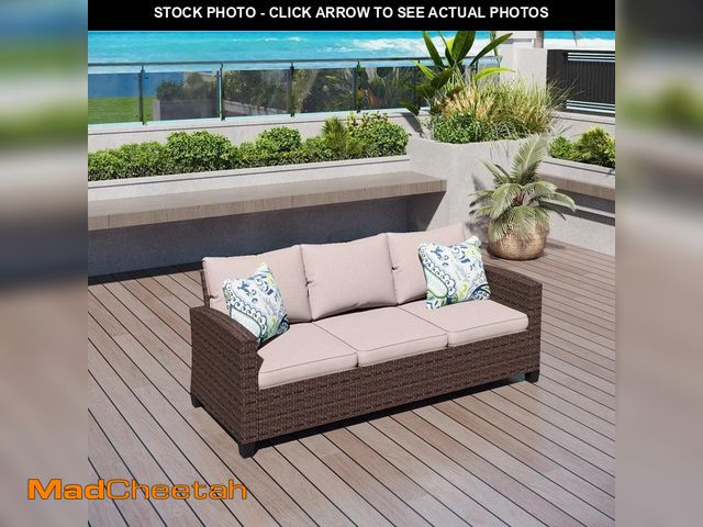 Lot 74-14392522 - (MISSING 2 BACK CUSHIONS) PHI VILLA Dark Brown Rattan Wicker Outdoor Patio 3 Seat Sofa Couch with Be...