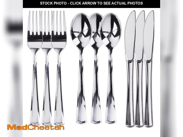 Lot 74-12110416 - 300 Plastic Silverware Set, Silver Plastic Cutlery Set, Disposable Silverware Set | 100 Plastic Fork...