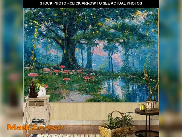 Lot 74-14334769 - Haibimen Monet Nature Forest Tapestry Wall Hanging Green Tree Mushroom Landscape Tapestries for Bedr...