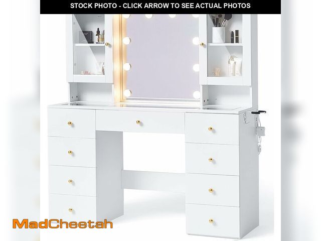 Lot 74-12570784 - (MISSING HARDWARE) LINSY HOME Vanity with Storage, white Makeup Vanity with Mirror and Lights, 47" M...