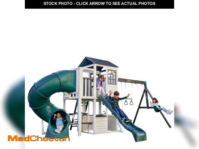 Lot 74-12267589 - KidKraft Wrangler Way Wooden Swing Set/Playset with Playhouse, 2 Slides and 3 Swings - UNUSED