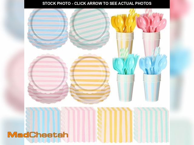 Lot 74-14271378 - Potchen 220 Pcs 24 Guests Pastel Stripe Party Decoration Supplies, 7 and 9 Inch Pastel Disposable Pa...