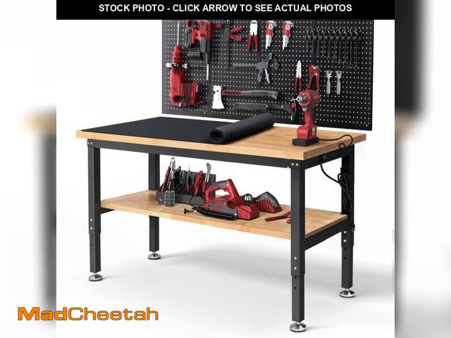 Lot 74-12153309 - ENJOYWOOD Work Table for Garage 60 Inch Workbench with Storage Adjustable Height Rubber Wood Tableto...