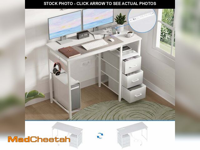 Lot 74-12637591 - 40 inch Computer Desk with Power Outlets, Home Office Desk with 3 Drawers, Writing Desk with Removab...