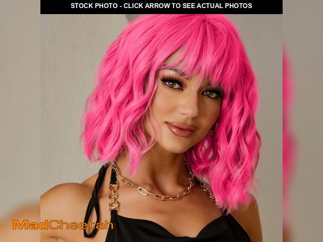 Lot 74-12438712 - LINGHANG Short Pink Wigs for Women Short Wavy Hot Pink Wigs with Bangs Synthetic Curly Bob Wig Curly...