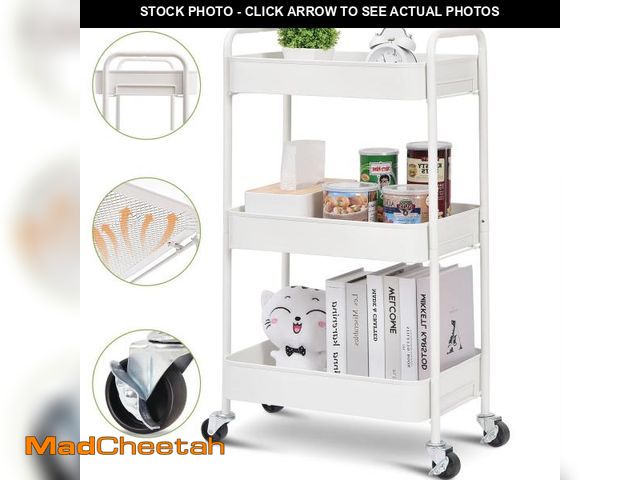 Lot 74-12421931 - KK KINGRACK 3-Tier Rolling Cart, Metal Utility Cart with Wheels ,Office School Organizer, White - UN...