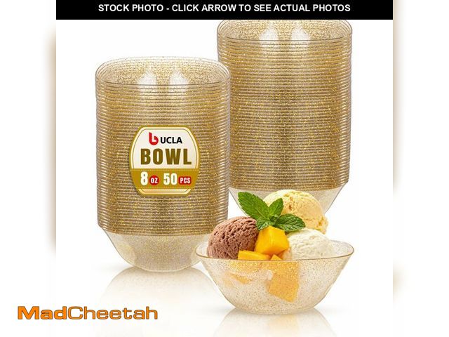 Lot 74-12970302 - bUCLA 50Pack Gold Glitter Plastic Small Bowls - 8oz Disposable Ice Cream/Salsa/Dipping/Dessert/Sauce...